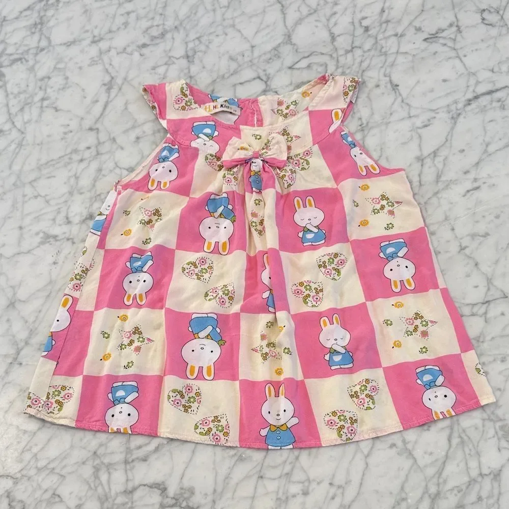 Pink and Cream Bunny Print Dress Girls 5/6Y Dress Women’s XS Top
